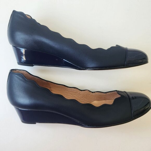Fs/ny French Sole NY Navy Scalloped Leather Wedge Shoes Cute Ballet Casual - Picture 2 of 14